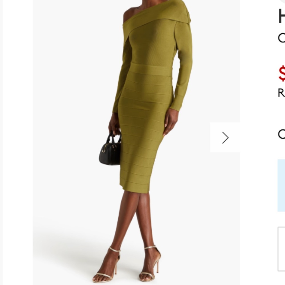 New Herve Leger sage green off the shoulder dress SZ:L Original Price $1090